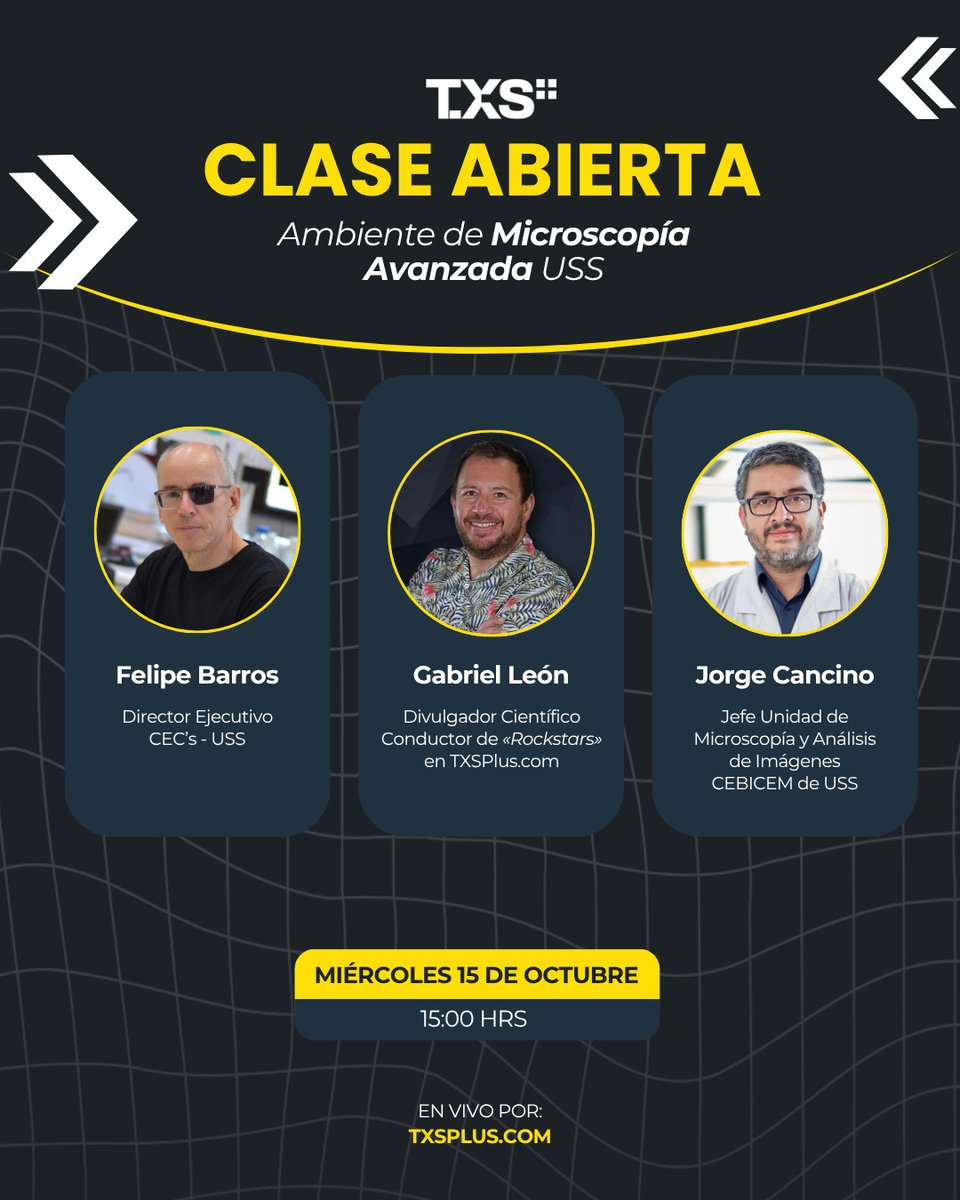 ¡Atentos! 📢❗🚨 Tendremos una nueva “CLASE ABIERTA” en TXS+ junto a Felipe Barros y Jorge Cancino de la Universidad San Sebastián. 

¿Dónde y cuándo será esta “Clase Abierta”?

📅 Fecha: Miércoles 15 de agosto
⏰ Hora: 15:00 h
📹 Transmisión en vivo: TXSPLUS.COM/STREAMING