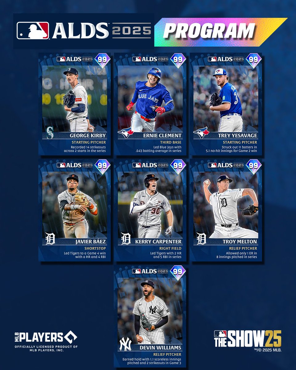 The #ALDS Program is going LIVE now in #MLBTheShow 25!

Play to earn these 2025 Postseason Series players:
💎 George Kirby
💎 Trey Yesavage
💎 Kerry Carpenter
💎 Javier Báez
💎 Ernie Clement
💎 Troy Melton
💎 Devin Williams
