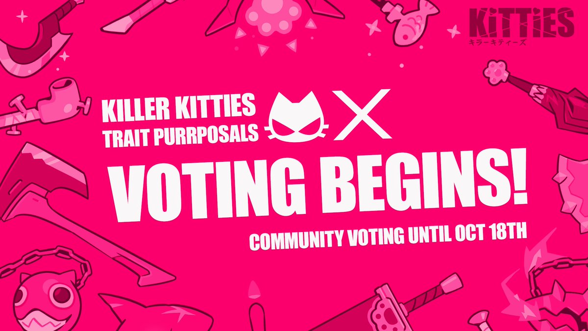 Killer Kitties Trait Purrposal Voting is LIVE! 🐱 ⚔️
 
All <a href="/bykusari/">Kusari</a> holders can vote for 2 hats, 2 outfits &amp; 2 weapons 🗳️ ⏳
 
✨ <a href="/uwucrewnft/">uwucrew</a>, <a href="/killergfnft/">KILLER GF</a> + Stamps, <a href="/collectrs/">Collectr</a> holder submit votes using <a href="/SnapshotLabs/">Snapshot.eth</a>
💎 Voters get a “I Voted” airdrop by <a href="/BlancPixels/">jules ✧</a>