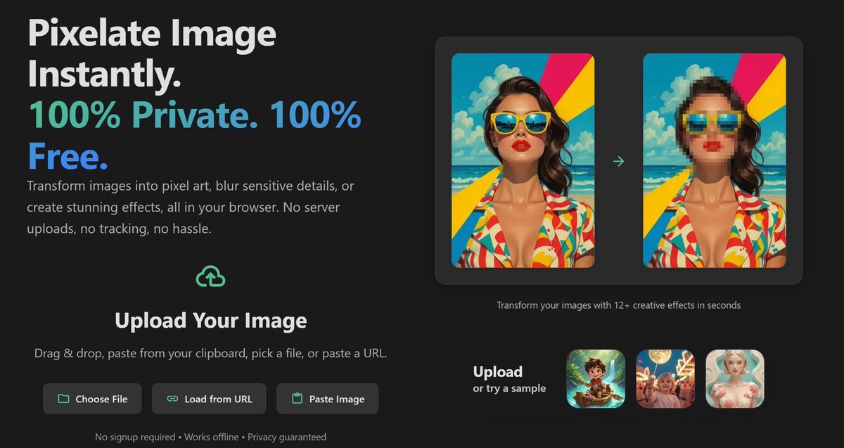 Jimmy_Ships's tweet image. To reduces first-time friction, added a "Try a Sample" section so users can test Pixelate Image without uploading their own file.
#buildinpublic #pixelate