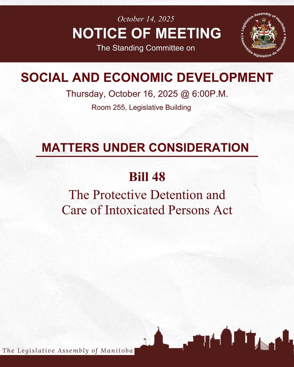 MBLegislature's tweet image. Live @ 6:00pm – Thursday, October 16, 2025
Standing Committees on Social and Economic Development – Room 255
📺 Watch the broadcast:
gov.mb.ca/legislature/co…
#Manitoba #LegMB #broadcast #Live