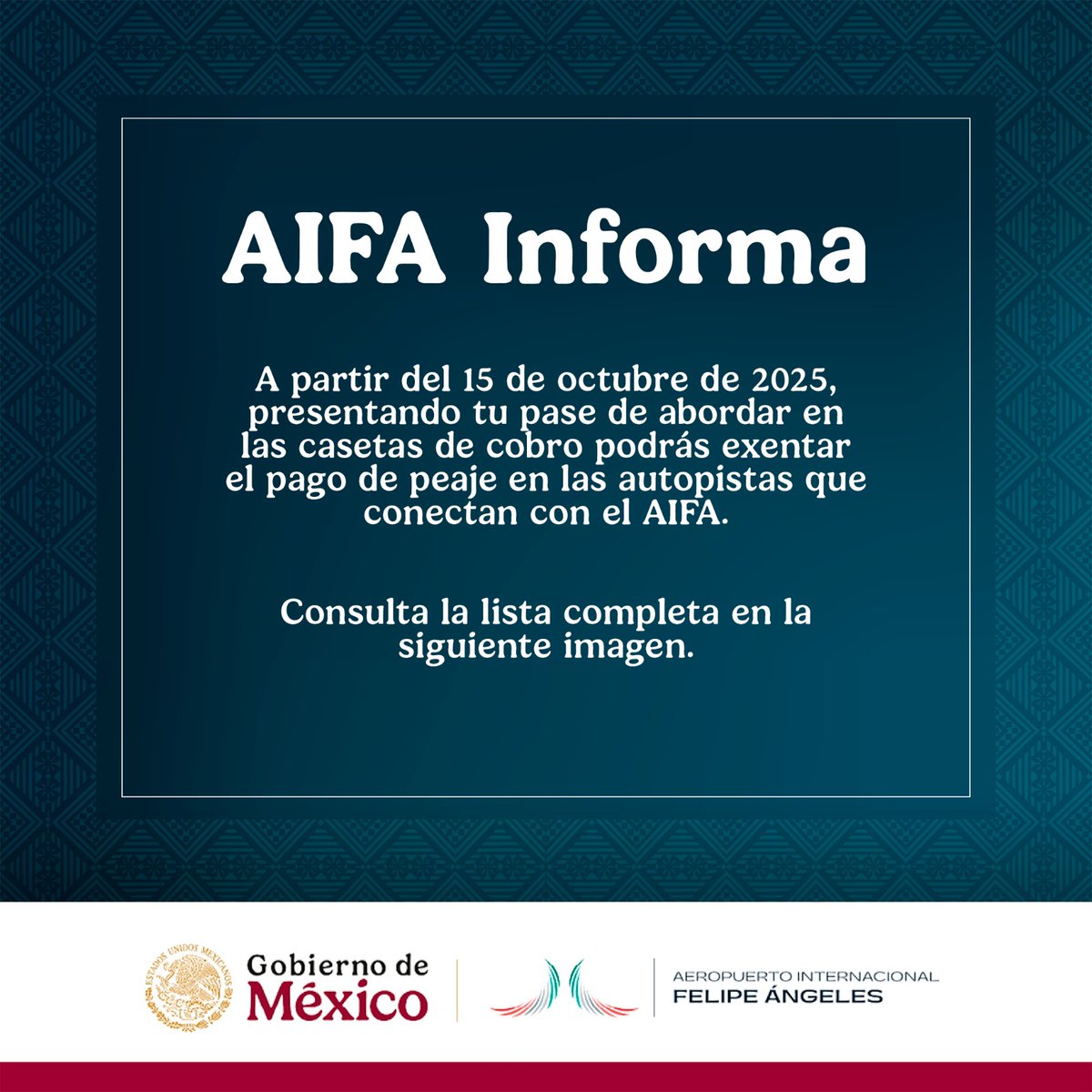 aifaaero's tweet image. #AIFAINFORMA
Tu pase de abordar ahora te permite pasar las casetas de peaje rumbo al AIFA.