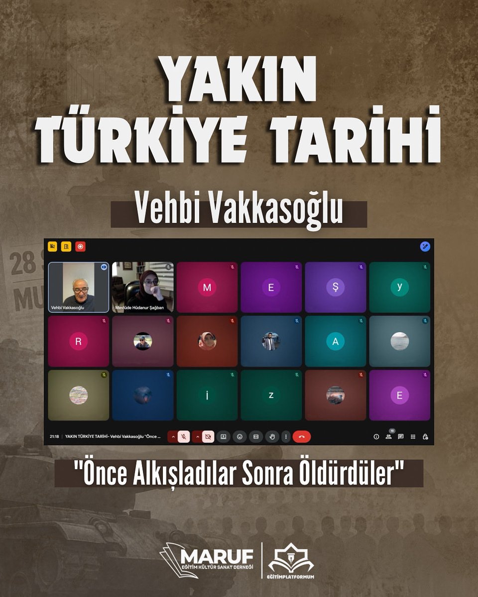 Yakın Türkiye Tarihi Programında son hafta!
Vehbi Vakkasoğlu ile “Önce Alkışladılar Sonra Öldürdüler” konulu dersiyle programımızı nihayete erdirdik.

Programlardan haberdar olmak için takipte kalın!