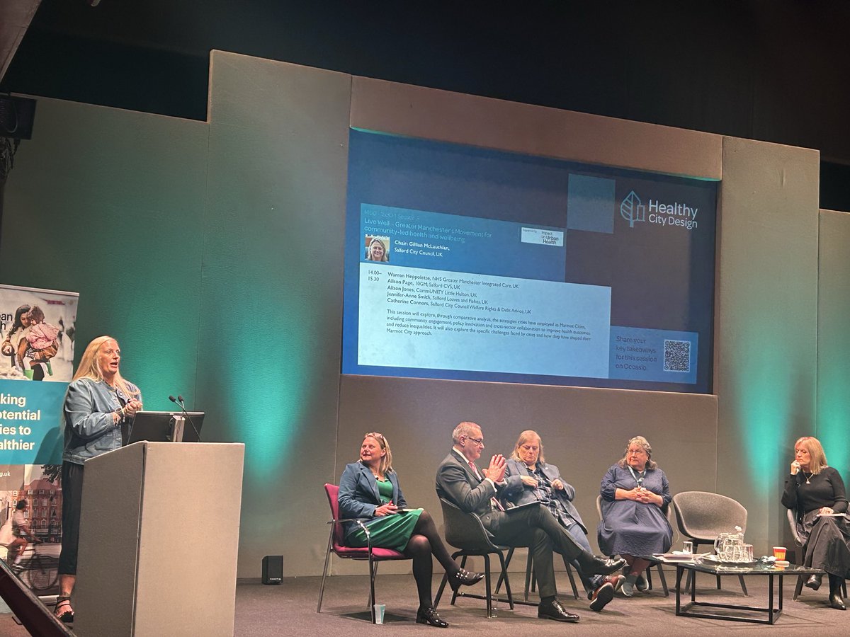 Strong panel representing Salford and #LiveWellGM live well isn’t just about health, it’s about purpose, connection &amp; community <a href="/CEOSalfordCVS/">CEO @ Salford CVS 🇺🇦🇵🇸🏳️‍🌈</a> shares the VCSE are well placed to support community led wellbeing offers #Salford