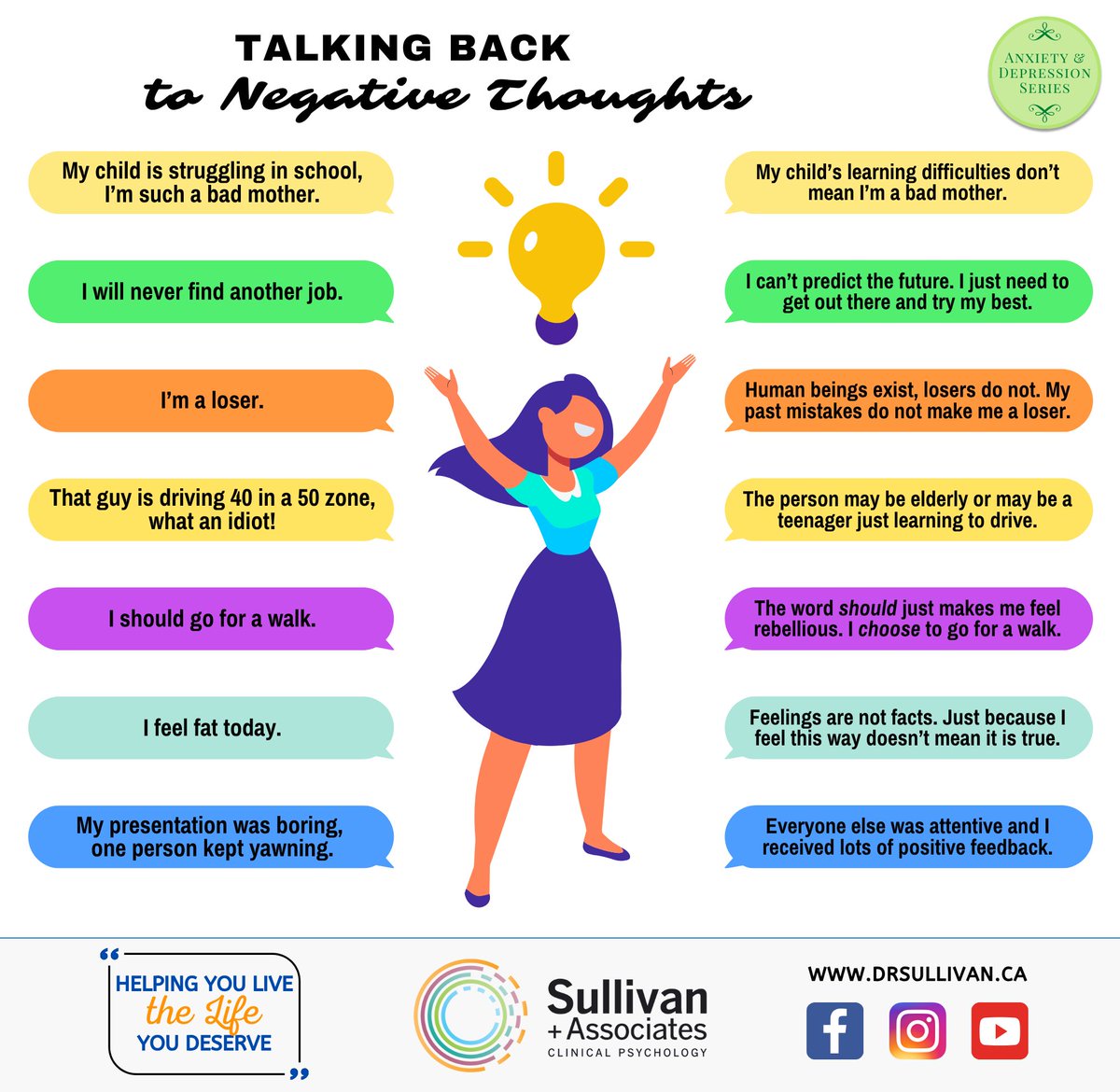 SullivanPsych's tweet photo. Negative thoughts can be persistent, but you have the power to talk back! 💬 This helpful guide from Sullivan + Associates shows how reframing common negative thoughts can shift your perspective and boost your well-being. https://t.co/pYSlTHAH8K