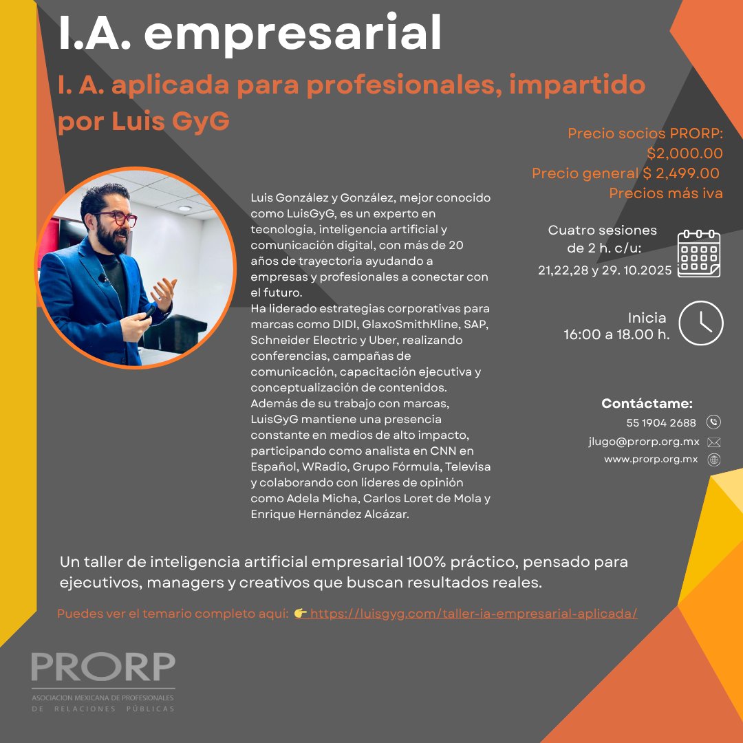 La IA no viene a reemplazar la comunicación.
Viene a potenciar la estrategia detrás de cada mensaje.
Si trabajas en relaciones públicas o comunicación, este taller te enseña cómo integrarla sin perder tu criterio ni tu voz.
📷21, 22, 28 y 29 de octubre
📷 luisgyg.com/taller-ia-empr…