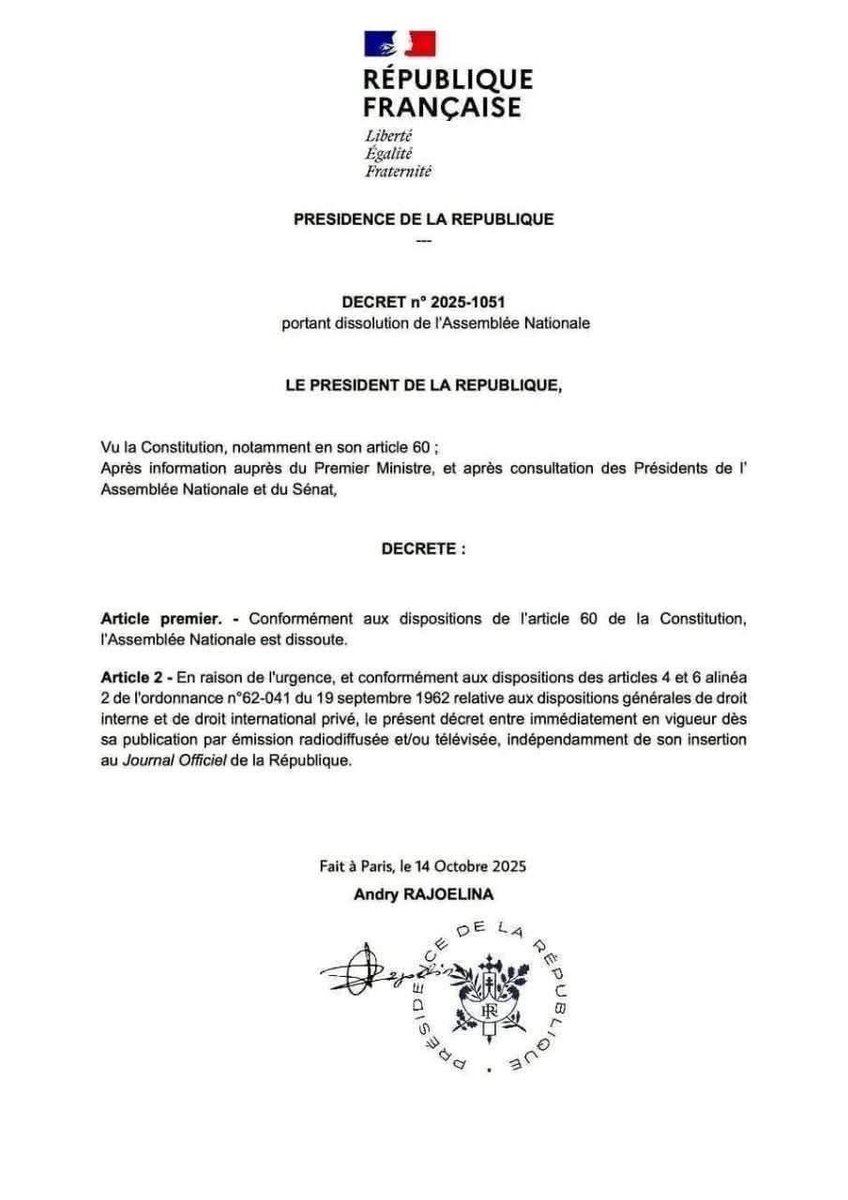 Quelque chose m’intrigue dans ce document, la dissolution de l’assemblée nationale malgache par un doucement officiel français ?
#Politique