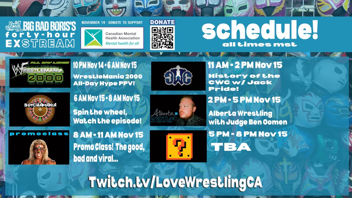 BBBoris's tweet image. Schedule Update!!

We have added:

-Alberta Wrestling with @ref_judge!
-Quizplex Blitz!!

The 40 hour exSTREAM begins Nov 14 at 10 PM MST, donate today!!  #PinTheStigma