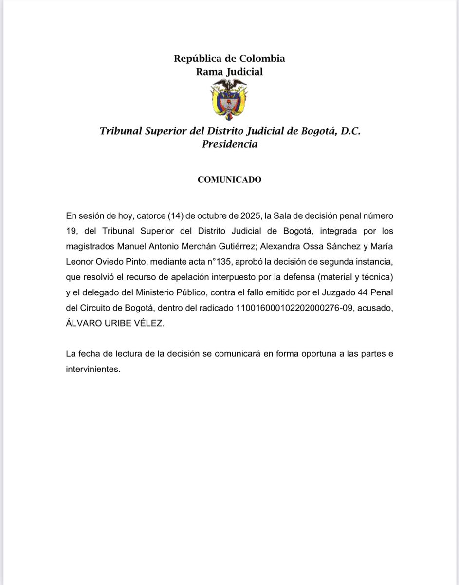 La Sala Penal No. 19 del Tribunal Superior de Bogotá aprobó la decisión de segunda instancia que resolvió el recurso de apelación interpuesto por la defensa y el Ministerio Público, dentro del proceso seguido contra el expresidente Álvaro Uribe Vélez.