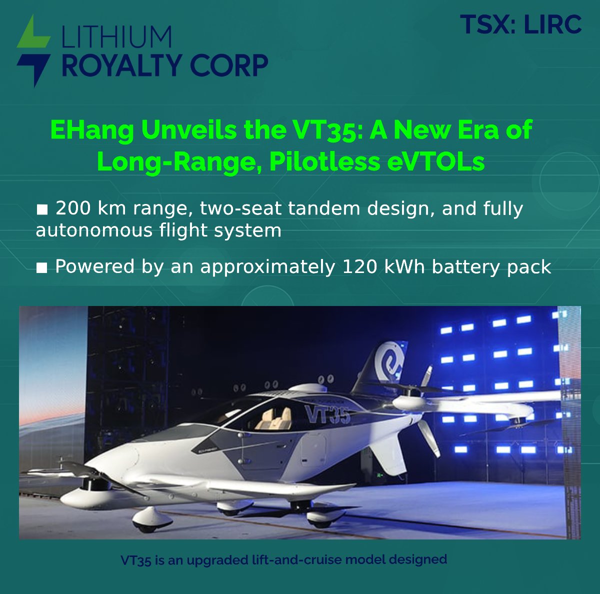 Lithium_Royalty's tweet image. ✈️ @ehang new #VT35 is redefining what’s possible in #eVTOL aviation.

⚡ 200 km range | 🔋 ~120 kWh battery | 👥2 seats | 💸 ¥6.5 M (~$940 K USD)

Built for autonomous intercity flight,the VT35 blends lift-and-cruise efficiency with seamless vertiport integration, advancing the…