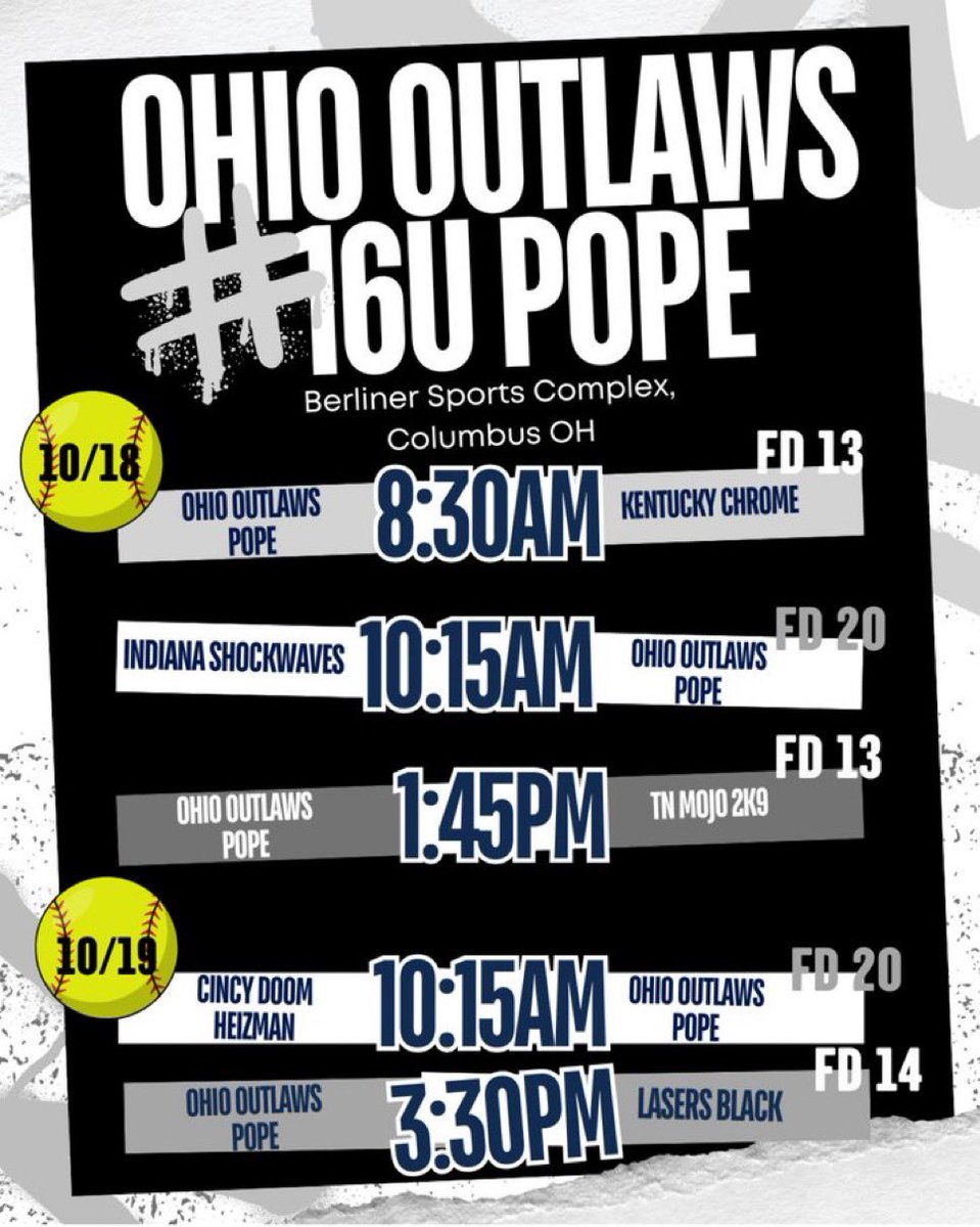 Here’s our schedule for America’s Premier Showcase in Columbus, OH. Hope to see you there! <a href="/outlawspope16U/">Outlaws Premier 16U Pope</a> <a href="/mandygardner24/">Mandy Gardner-Colegate</a> <a href="/madimccrady1022/">Madi</a> <a href="/CoachCourtOSU/">Courtney Vierstra</a> <a href="/Forever_Jordann/">Jordan Dail</a> <a href="/CoachPena_BSU/">Helen Peña</a>