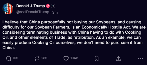 BREAKING: President Trump accuses China of an "economically hostile act" for not buying US soybeans.

Trump says he is considering "terminating" business with China having to do with cooking oil, and other elements of trade, as retribution.