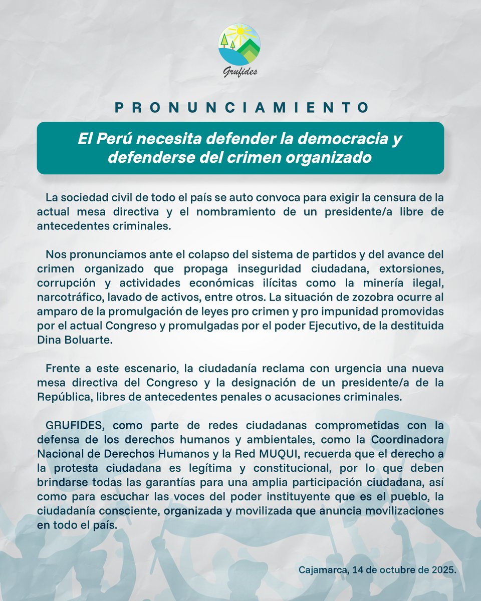 grufides's tweet photo. #Pronunciamiento 📢| Nos unimos a las demandas ciudadanas por la defensa de la democracia y el cese de la ola criminal que azota a todo el país.

#marchanacional #QueSeVayanTodos https://t.co/UJKyj33ERI