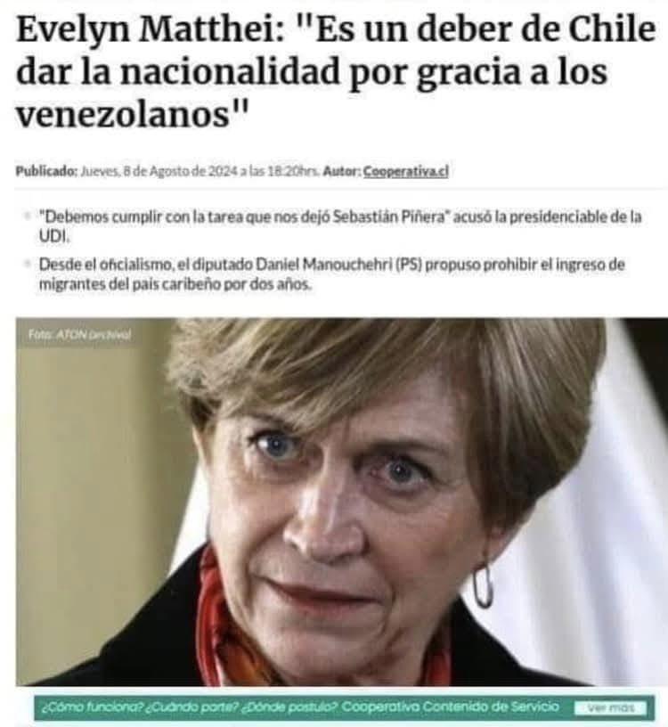 Por qué hoy en #Enade <a href="/evelynmatthei/">Evelyn Matthei</a> se llevó todos los aplausos? Por qué es la candidata de los empresarios,con ella los inmigrantes tendrán la nacionalidad por gracia y serán la mano de obra barata de los empresarios en desmedro de los #Chilenos #Matthei #KastPresidente2026 👇