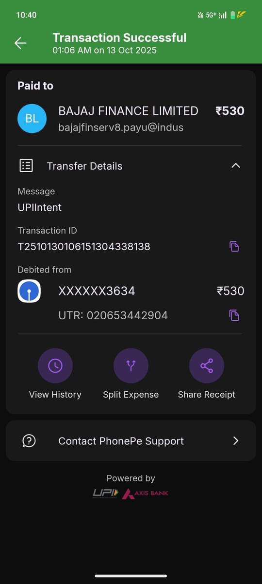 realpremvarma's tweet photo. @Bajaj_Finserv  I paid ₹530 for Insta EMI Card on 13 Oct 2025 via PayU (UPI: bajajfinserv8.payu@indus). Payment successful on PhonePe but not reflected. Please help. UTR: 020653442904.
I tried reaching out customer service but no response 😕 https://t.co/ggeWnhwf4z