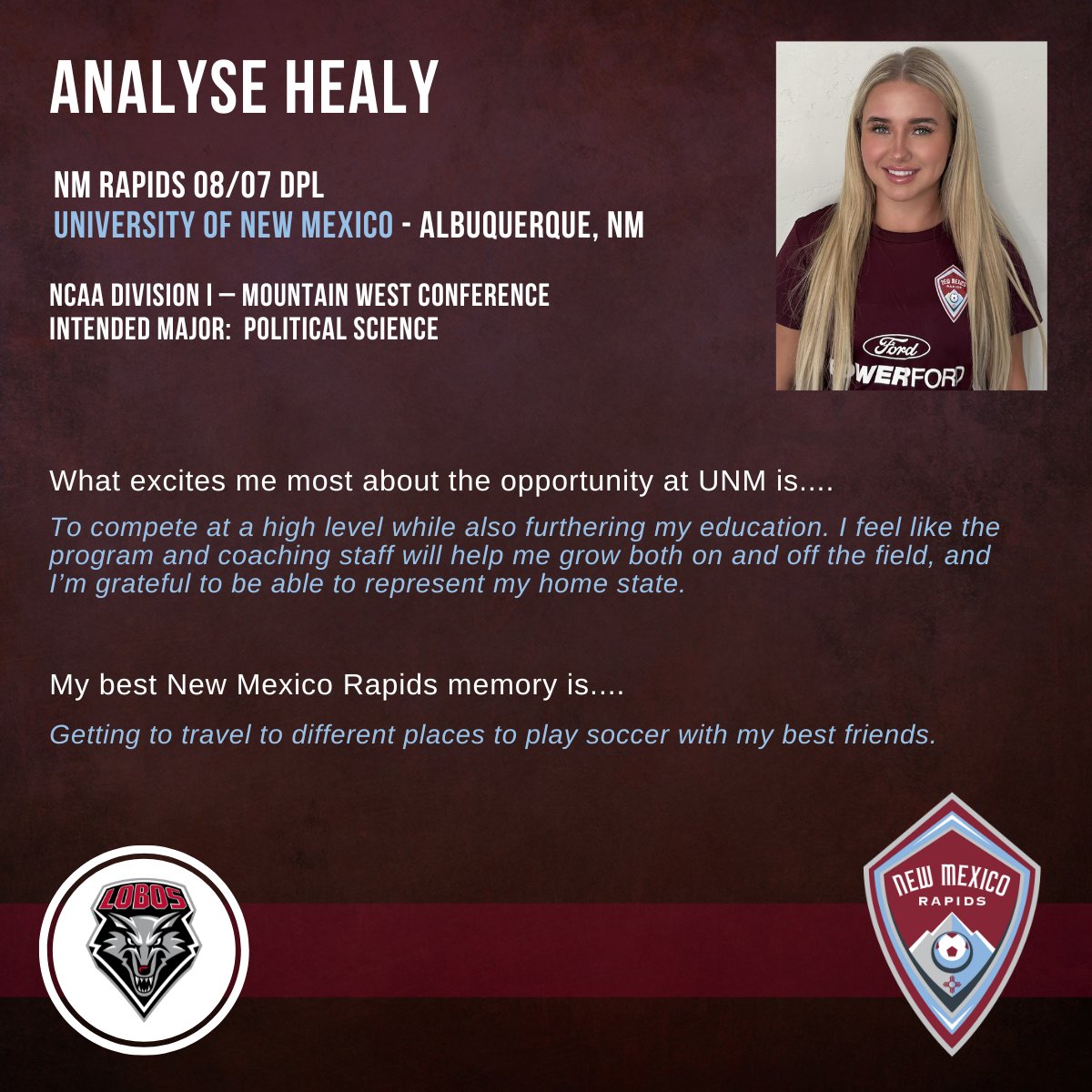 NMRapidsSC's tweet photo. We would like to feature our NM Rapids player: Analyse Healy who has made a commitment to play soccer for University of New Mexico -
Albuquerque , NM. We are so proud of you!
⚽️⭐️⚽️⭐️⚽️⭐️⚽️⭐️⚽️⭐️⚽️⭐️
#nmrapids #NMRapidsPride #Congratulations https://t.co/oS3YW8s6G0