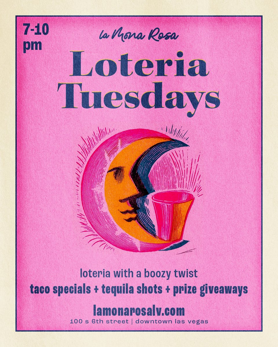 Your Tuesdays just got better ✨

Spice up your week at La Mona Rosa! Play Lotería while enjoying tacos 🌮, tequila 🍹, and a chance to win the $100 grand prize 💸

🕐 Every Tuesday | 7–10 PM
🌮 BOGO Tacos &amp; $25 Bottomless Margs
🎟️ Tickets at lamonarosalv.com