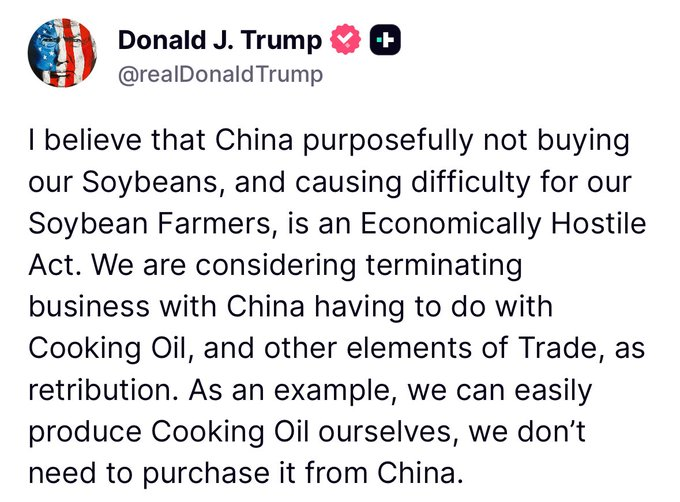 TheInsiderPaper's tweet photo. BREAKING: Trump says China is deliberately refusing to buy U.S. soybeans, hurting American farmers. He calls it an “economically hostile act” and says the U.S. may retaliate by ending trade with China in areas like cooking oil. https://t.co/mmlVtNwZHE