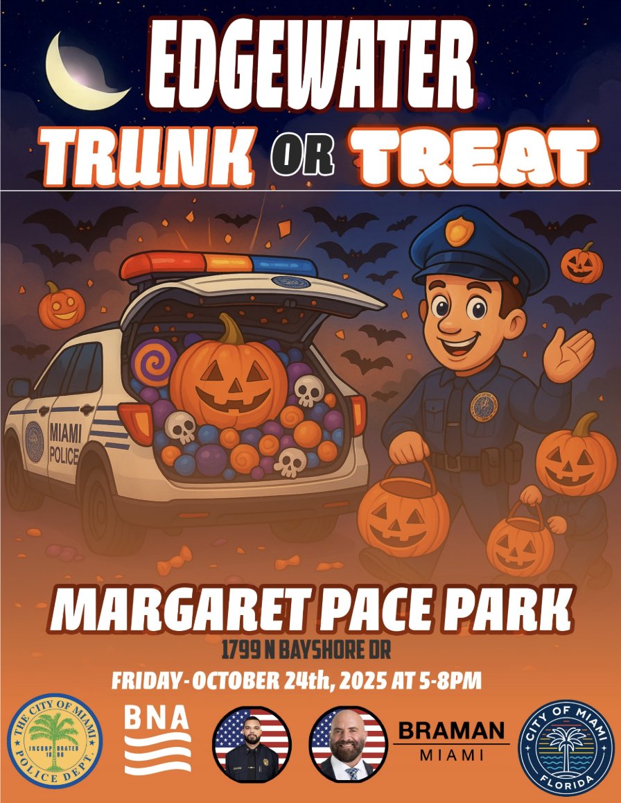 Join us for a spooktacular night at the Edgewater Trunk or Treat! 👻

Bring the family to Margaret Pace Park (1799 N Bayshore Dr) on Friday, October 24th, from 5–8 PM for candy, costumes, and community fun! 🍬🎃