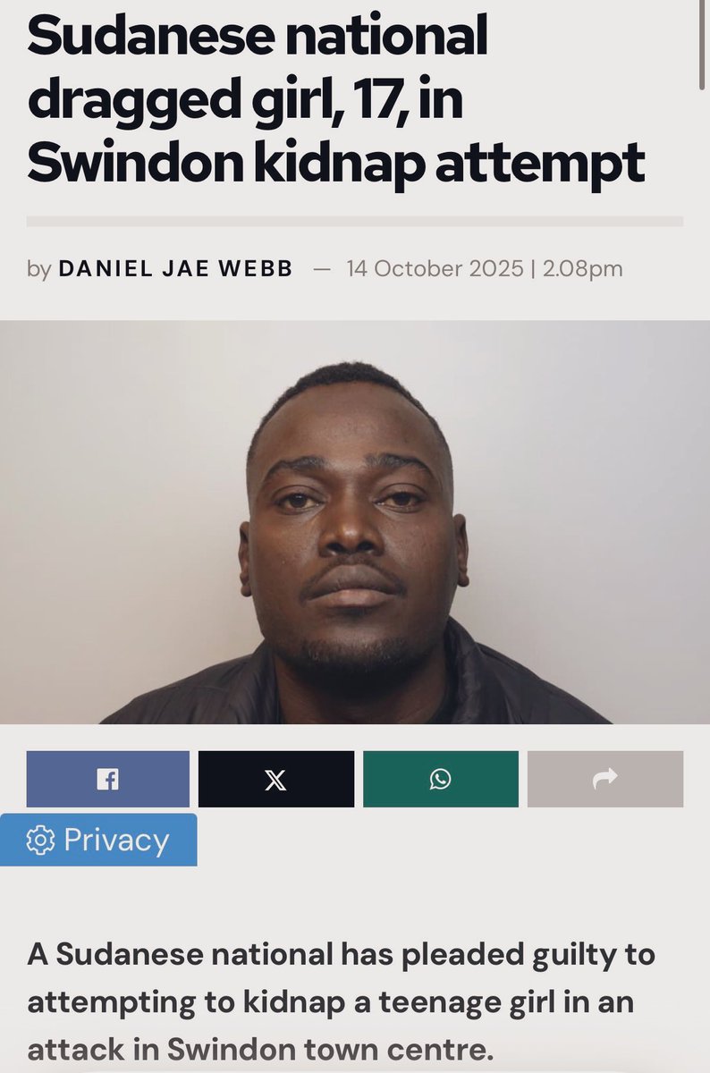 EssexPR's tweet image. EVERY…F*CKING…DAY
‘A Sudanese national has pleaded guilty to attempting to kidnap a teenage girl in an attack in Swindon town centre.
Abdulmawal Ibrahim Adam approached his 17-year-old vicim in Princes Street as she walked home from work at around 9.30pm on 6 March.’