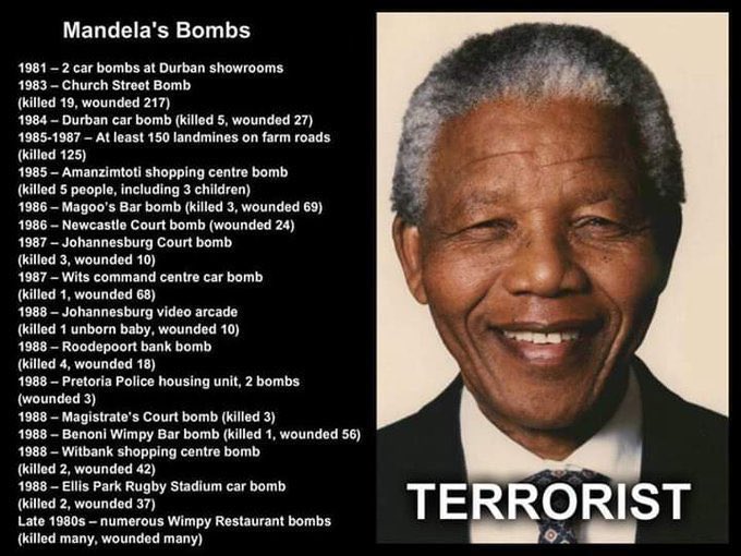The ANC bombed video arcades, shopping centres, bars, even numerous Wimpy family-restaurants.

That’s terrorism.

And then people wonder why white South Africans were hesitant to end apartheid and effectively give them control of the country. It’s like the US letting the Taliban