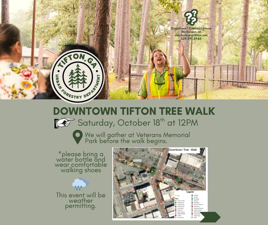 Branching out and helping our trees thrive! The Tifton Urban Forestry Department has two un-be-leaf-able events for you this Saturday. Read more here: facebook.com/share/p/19yJXH…