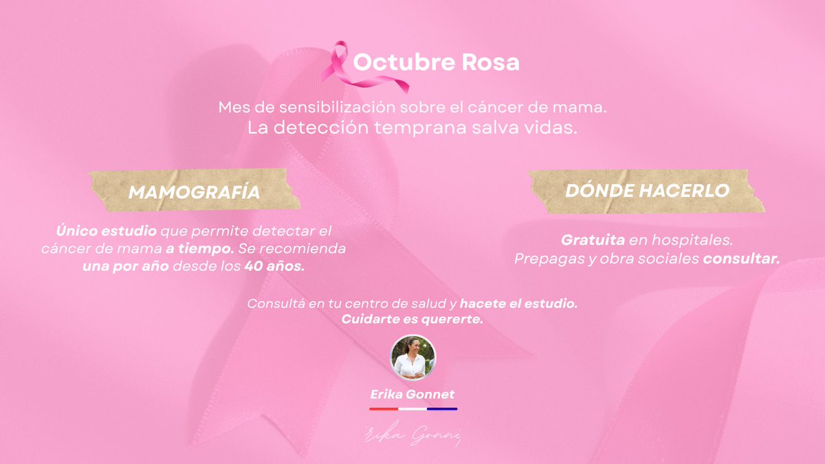 OCTUBRE ROSA
Mes de sensibilización sobre el cáncer de mama 💗

👉 La mamografía es el único método reconocido para detectarlo a tiempo.

La detección temprana es clave y puede salvar vidas.

Hacete el control, compartí la información y sumate a la prevención.