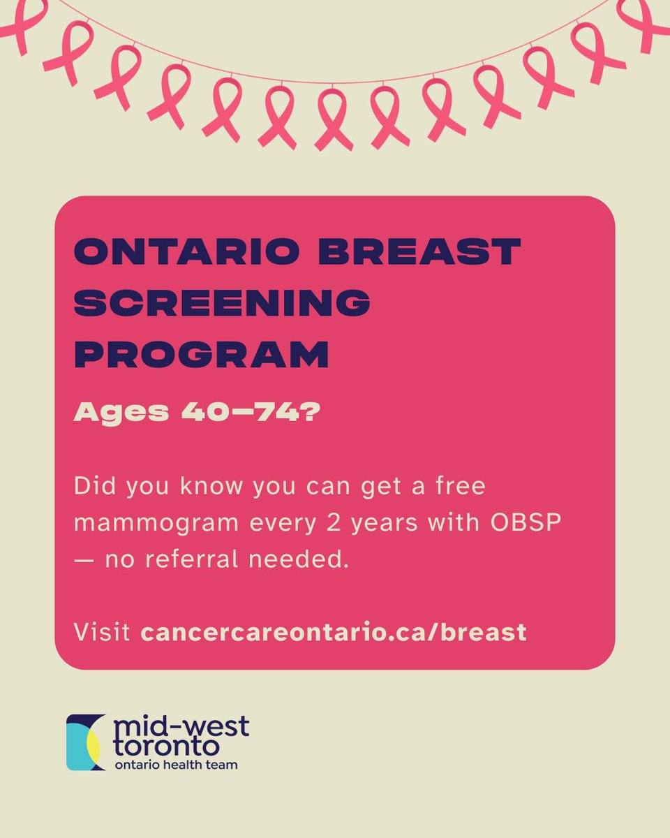 Early detection makes a difference. If you’re between 40–74, you can get a free mammogram through OBSP. 
Find out how to book: cancercareontario.ca/breast

Looking for more info? Email info.opendoor@accessalliance.ca.

#BreastCancerAwarenessMonth