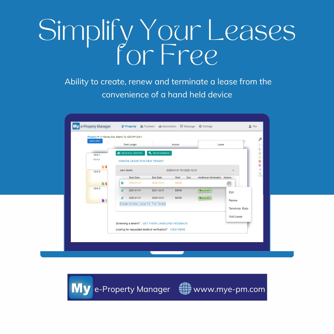 Mye_Property's tweet photo. Take actions to create, renew &amp; terminate a rental lease for your tenants. Now you can login on any day and look at color coded keys to help identify properties with outstanding balances, expiring leases, vacancies and more!
Visit at https://t.co/JzRLfJcnbW
#PropertyManagement https://t.co/FifzcILRbF