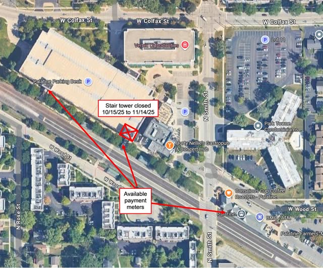 2. Construction Alert for downtown Parking deck: Please consider using the payment meters in the west stair tower or at the train station. For more information, please call the Public Works Department at (847) 705-5200.