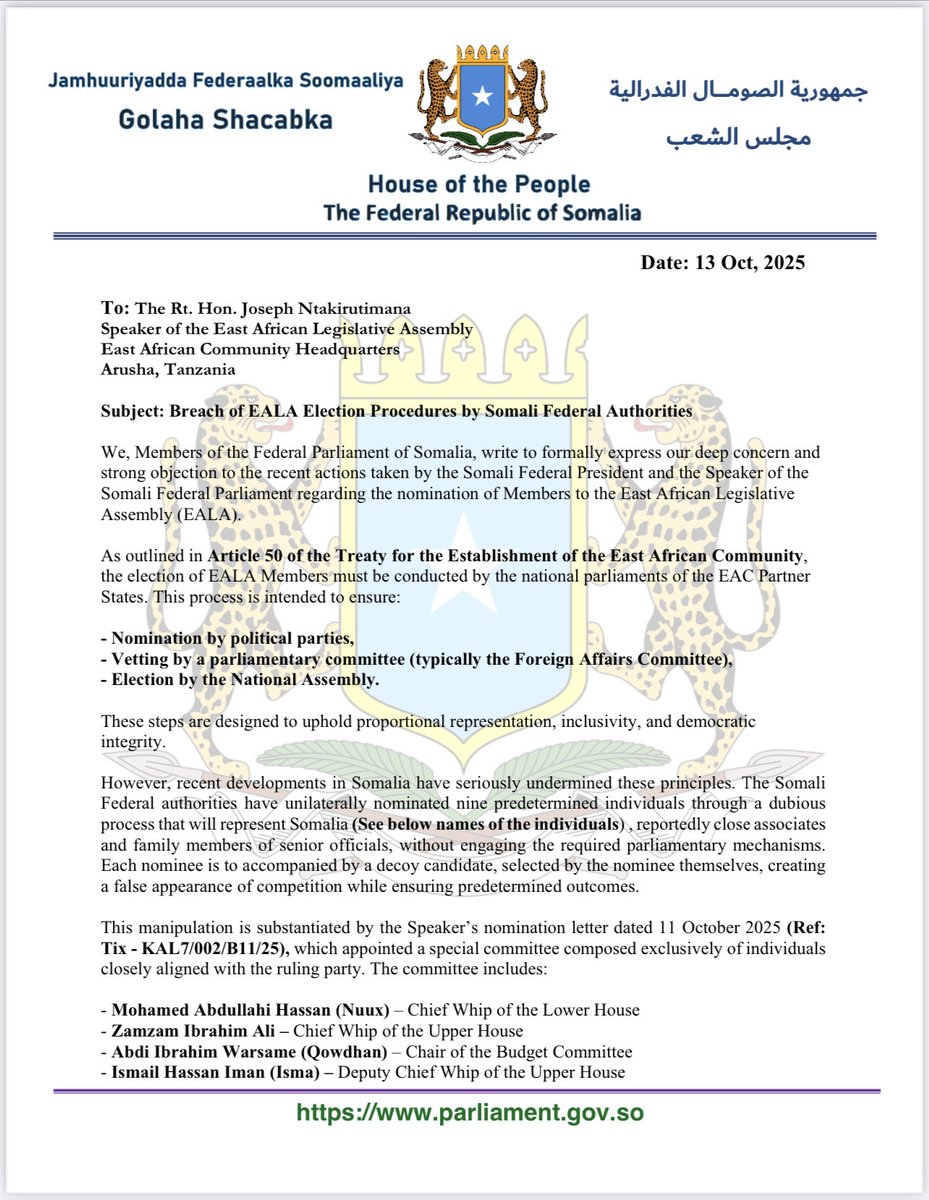 MPMursalKhaliif's tweet photo. We, Somali opposition legislators, write to .@jumuiya Parliament Speaker, Hon Joseph Ntakirutimana, &amp; Secretary General .@SGNduva on the irregularities and lack of inclusivity surrounding selection (not election) process of Somalia’s EAC parliament representatives. 

@SuluhuSamia https://t.co/nokwkFJ80k