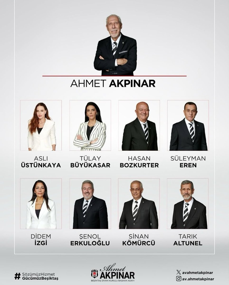 Beşiktaş’ta Divan Kurulu Başkan Adayı Ahmet Akpınar, kesin listesini açıkladı. <a href="/AvAhmetAkpinar/">ahmet akpınar</a> 

Aslı Üstünkaya 
Tülay Büyükasar
Hasan Bozkurter
Süleyman Eren
Didem İzgi
Şenol Erkuloğlu
Sinan Kömürcü
Tarık Altunel