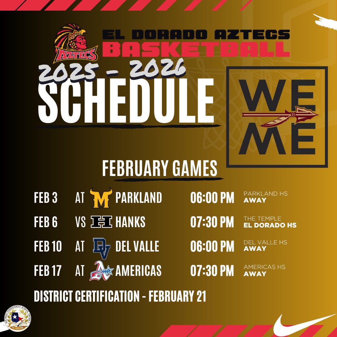 El Dorado Boys Basketball (@eldohoops) on Twitter photo π THE WAIT IS OVER πΊ
The El Dorado AZTECS 2025-2026 Basketball Schedule is HERE.
π
 Mark your calendars. Letβs pack the TEMPLE.
π₯ 3 Tournaments 
π£ Letβs pack the stands, bring the noise, and show what El Dorado basketball is all about.
#AWTWD #WEoverMe #FearTheSpear π THE WAIT IS OVER πΊ
The El Dorado AZTECS 2025-2026 Basketball Schedule is HERE.
π
 Mark your calendars. Letβs pack the TEMPLE.
π₯ 3 Tournaments 
π£ Letβs pack the stands, bring the noise, and show what El Dorado basketball is all about.
#AWTWD #WEoverMe #FearTheSpear
