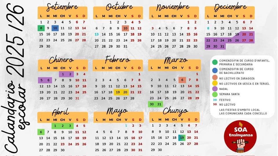 Ya tenemos los calandarios escolars en aragonés feitos per lo SOA!

Si en querez pasar-tos a demandar-ne per la nuestra siede.

Un manda-nos un correu a este email:

soaensinyanza@gmail.com

Tamién puez imprimir-te-lo a partir d'esta imachen.

SOA siempre con a lengua aragonesa!
