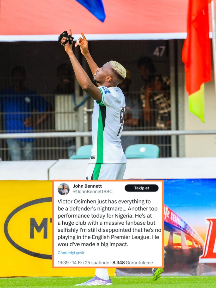 forzacimbomtr's tweet image. BBC muhabiri John Bennett: "Victor Osimhen, bir savunmacının kabusu olacak her şeye sahip… Bugün de Nijerya için harika bir performans sergiledi.
Çok büyük bir kulüpte ve devasa bir taraftar kitlesi var ama bencilce olacak belki, yine de İngiltere Premier Ligi’nde oynamıyor…