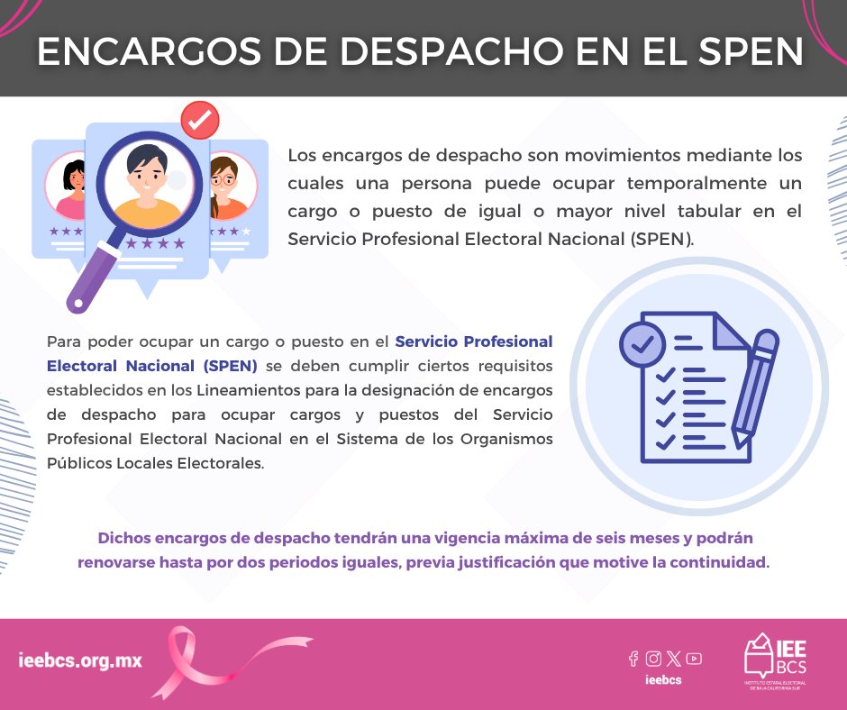 ieebcs's tweet image. #IEEBCSInforma
🤓Te compartimos la siguiente información sobre los Encargos de Despacho del Servicio Profesional Electoral Nacional.
#IEEBCS #IEE #BCS #SPEN #Electoral
