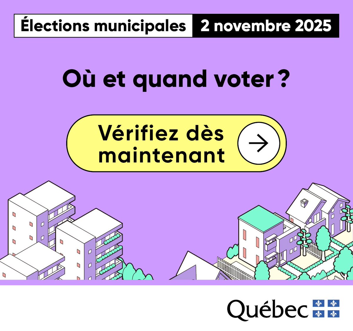 #ÉlectionsMunicipales2025: Plus qu’une semaine avant la journée du scrutin ! Assurez-vous de connaître le lieu et les heures d’ouverture de votre bureau de vote. 
Consultez le site Web de votre municipalité ou celui d’Élections Québec au electionsquebec.qc.ca/voter/ou-et-qu…