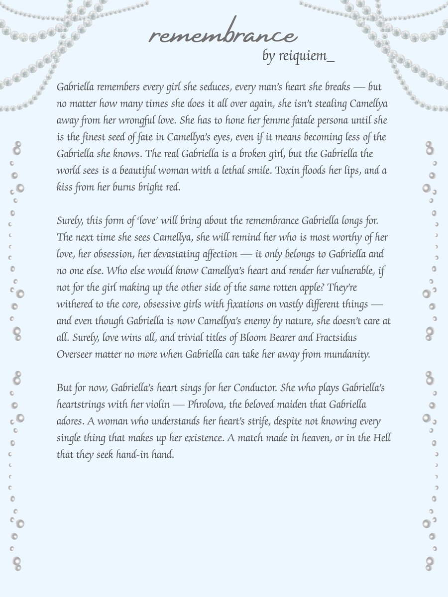 reiquiem_'s tweet image. "remembrance"

testing more descriptive passages with this short piece :&amp;gt; the title is the same as the prompt because it works here!

#yumetwt #camella #phrolovella #reiquiem_yumetober