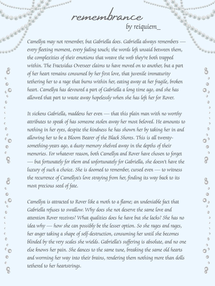 reiquiem_'s tweet image. "remembrance"

testing more descriptive passages with this short piece :&amp;gt; the title is the same as the prompt because it works here!

#yumetwt #camella #phrolovella #reiquiem_yumetober