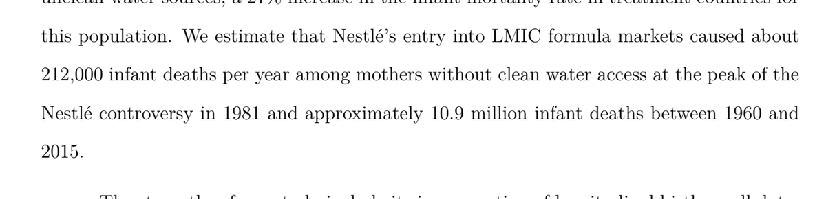 Authors estimate a total of 10 million additional infant deaths from 1960–2015 due to moms switching from breastfeeding to formula—from Nestle market entry alone. n/n

Full paper: drive.google.com/file/d/1WJTJiV…