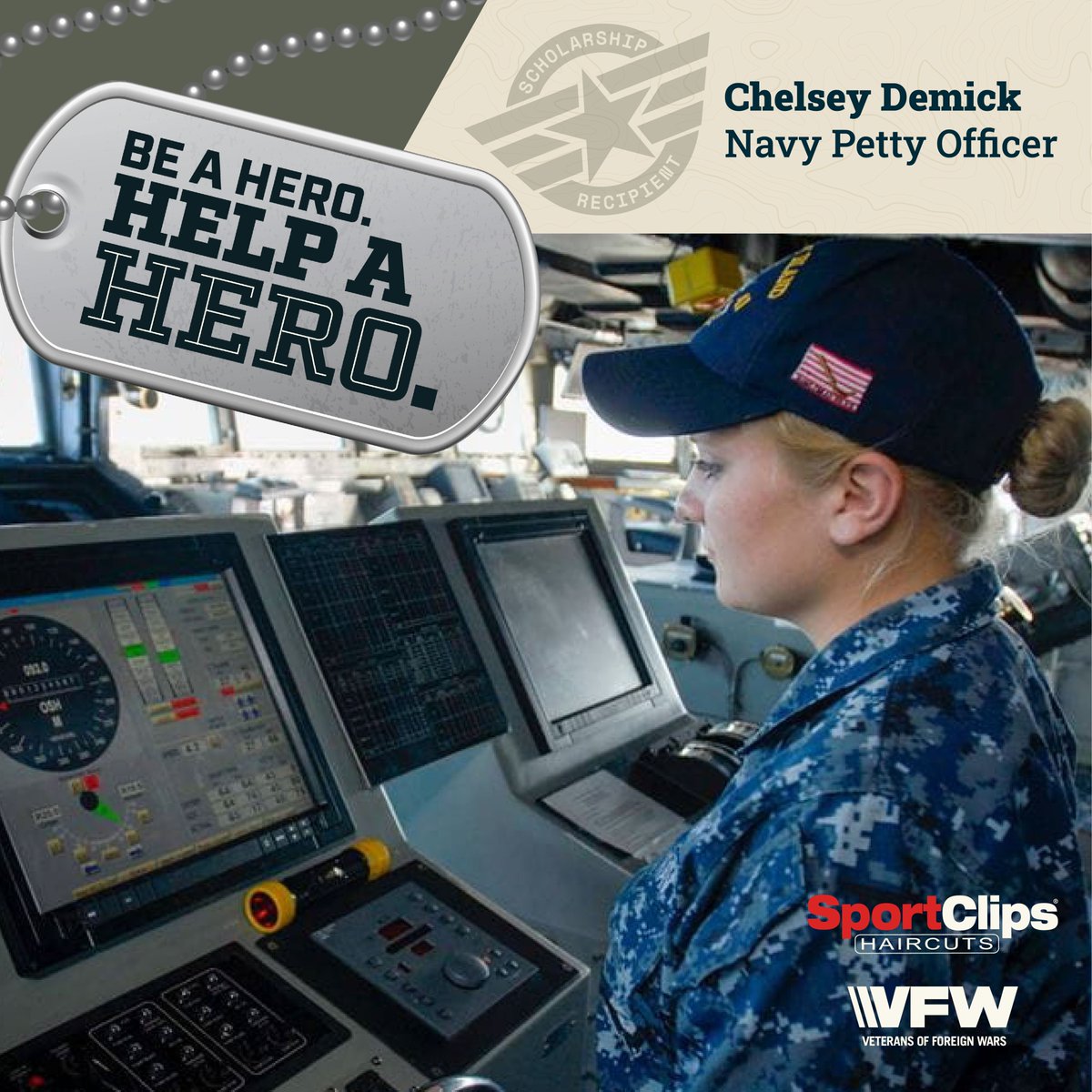 SportClips's tweet photo. Meet Chelsey. She’s a Navy Petty Officer and a single mom studying nursing.
Every penny of your donation helps Chelsey and other heroes just like her achieve their educational goals.
Donate at checkout or visit https://t.co/dVIToabVKl to learn more.
#helpahero #vfw https://t.co/XzTgBLXct4