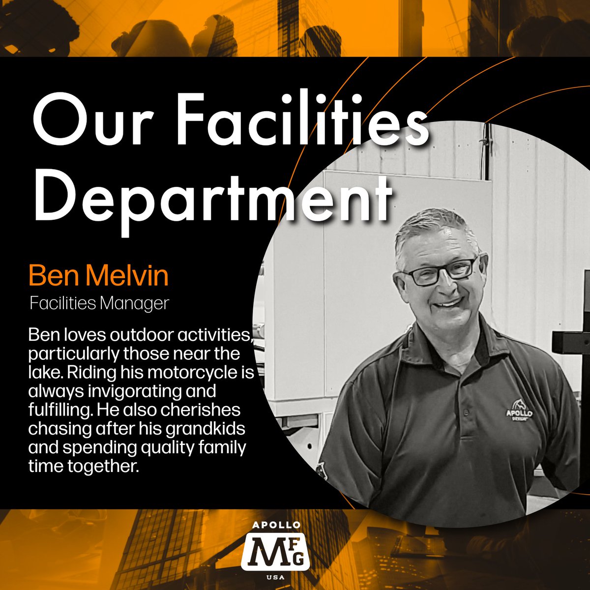 Meet Ben, Facilities Manager at Apollo MFG! 🌊 Ben loves outdoor activities, especially near the lake, and finds riding his motorcycle invigorating. He also cherishes chasing after his grandkids and spending quality family time. #ApolloMFG #OurPeople #motorcyle #lakelife