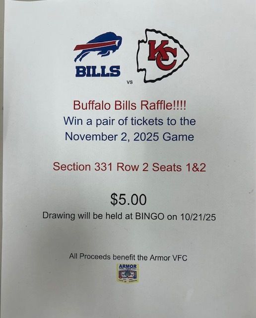 Get your tickets for a chance to win Buffalo Bills tickets.

See any member for tickets or stop by bingo on Tuesday.  Doors open at 6 pm.