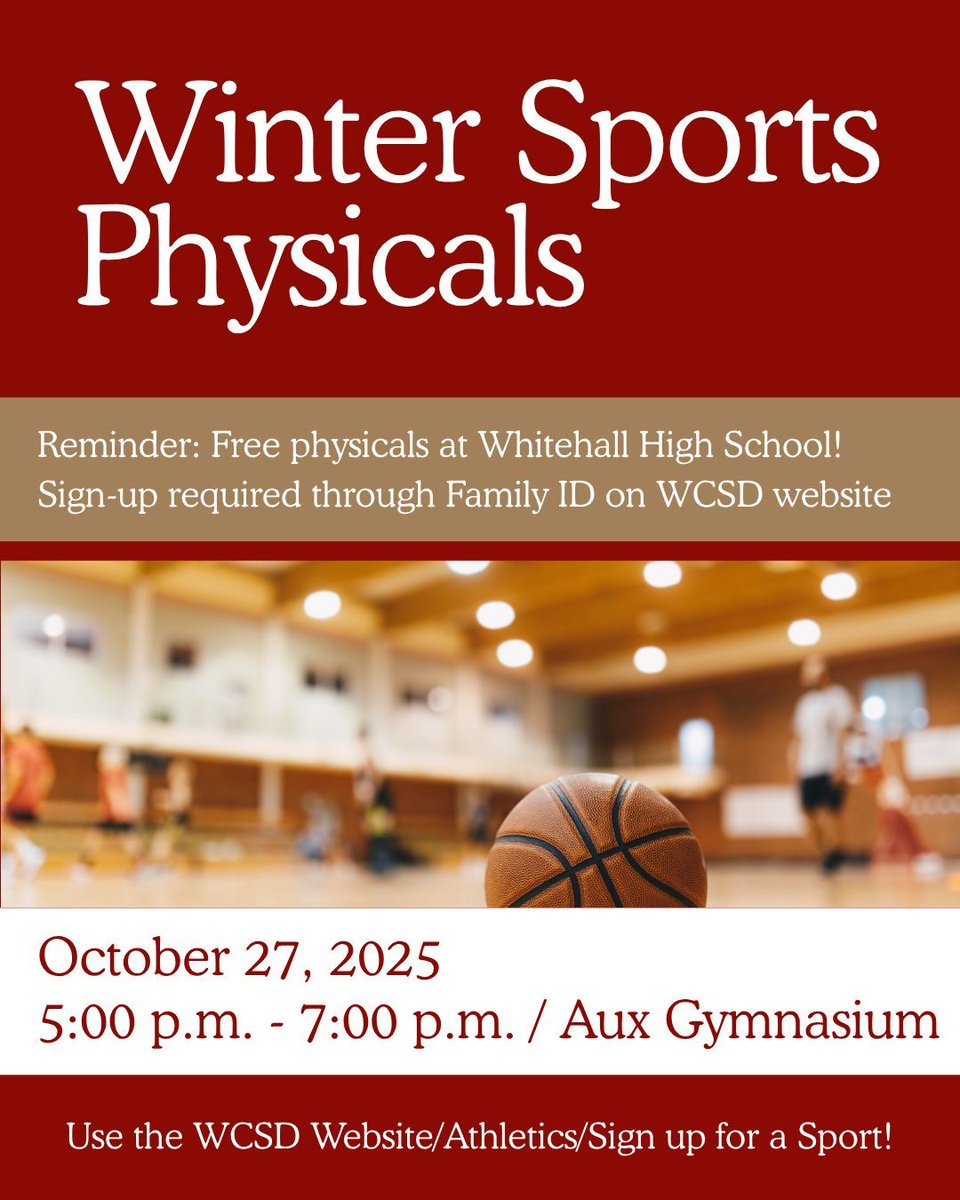 WCSDWCMS's tweet photo. Is your WCMS student interested in playing a Winter Sport? If so, a physical will be required. Please see the information on our website to register for a free physical. WCMS offers the following Winter Sports to our 7th and 8th graders: Boys and Girls Wrestling and Basketball. https://t.co/6L9Wwj0EJO
