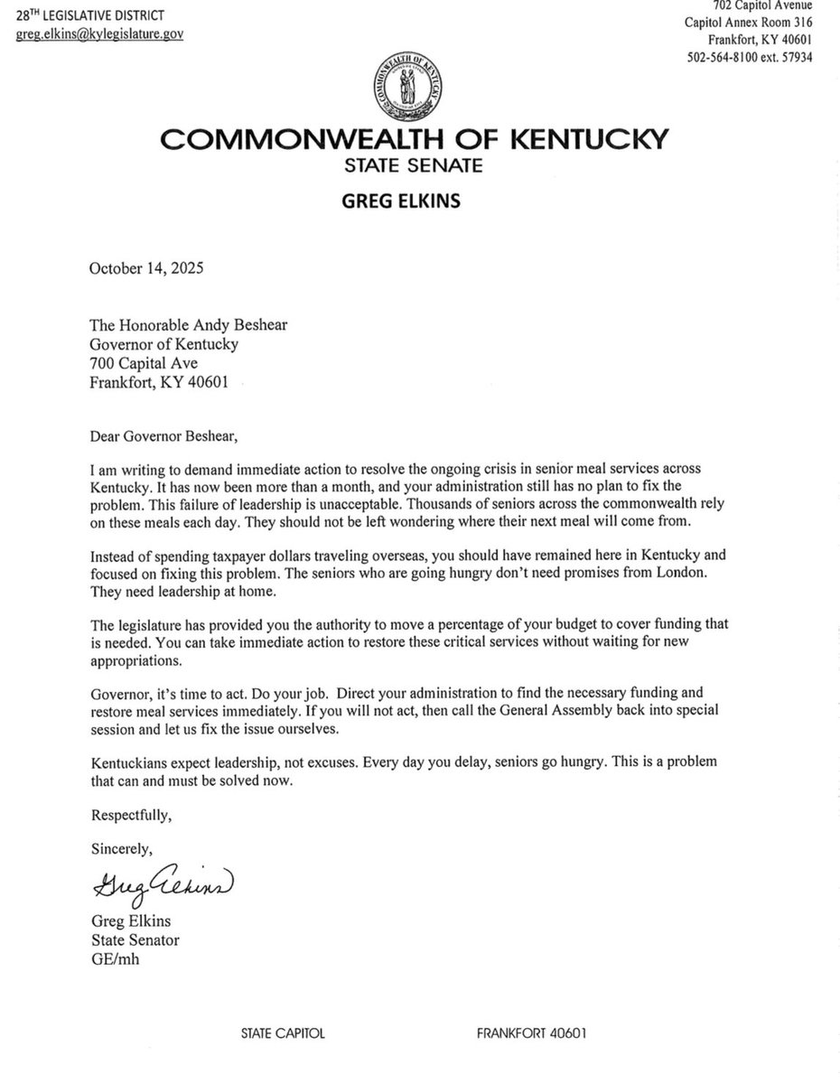 KYSenateGOP's tweet photo. Last week, the Beshear administration admitted they still don’t have a plan. It's been more than a month since this crisis began. Meanwhile, Kentucky seniors continue to go hungry because of the Governor’s lack of leadership.

It’s telling of his priorities that senior meals remain on hold, but his European travels are moving full speed ahead.

Senator Greg Elkins has submitted a formal letter calling on Governor Beshear to take action and ensure no senior in Kentucky goes without a meal. Unfortunately, we don’t expect a response while he’s away.