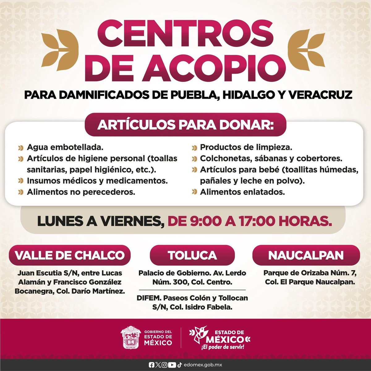 Las y los mexiquenses sabemos unirnos cuando más se necesita; en apoyo a las personas damnificadas de #Puebla, #Hidalgo y #Veracruz, somos uno de los centros de #AcopioEdoMéx que permanecen habilitados. 🙌🏼 ¡Tu apoyo puede transformar muchas vidas! 💧🍞🧴#ElPoderDeServir