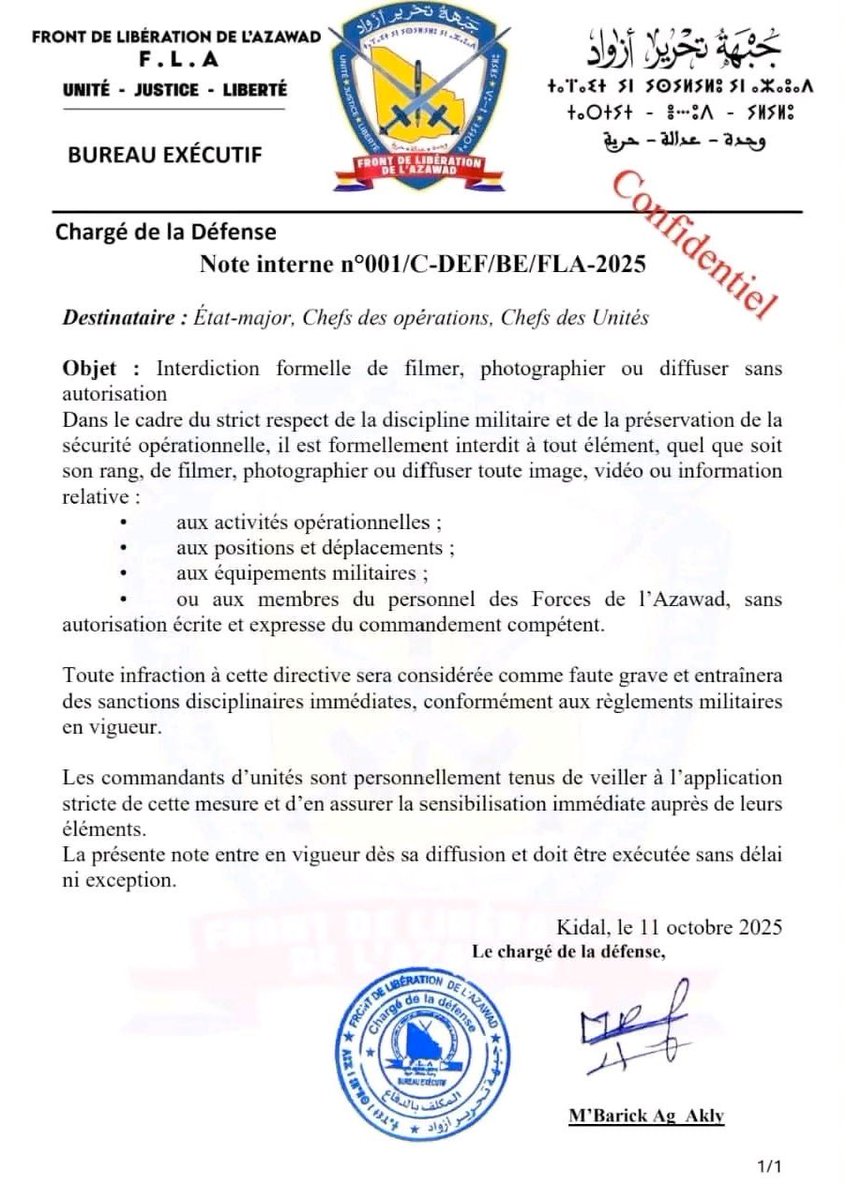 larevueafrique's tweet image. 🇲🇱 FLASH | Le « Front de Libération de l’#AZAWAD » a publié un communiqué interdisant la diffusion de vidéos de ses positions par des membres du groupuscule, après que plusieurs d’entre eux ont été bombardés par les #FAMa.
