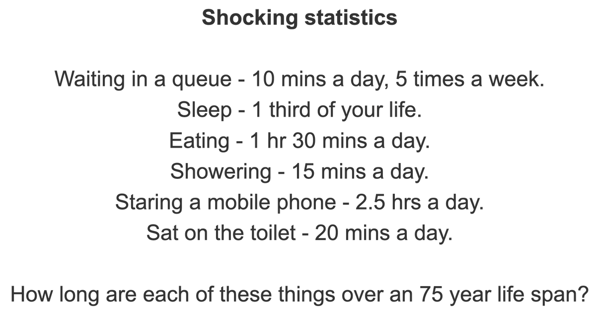 Matt Woodfine (@matttheapp) on Twitter photo In #MathsToday we explored how we spend time ⏰
Nothing grabs attention like realising you’ll spend 25 years asleep, 5 years eating, 1 year on the toilet and 8 years on your phone in a 75-year life!
Real stats, impact, mindset shift. 💭
#maths #iteachmaths #edutwitter In #MathsToday we explored how we spend time ⏰
Nothing grabs attention like realising you’ll spend 25 years asleep, 5 years eating, 1 year on the toilet and 8 years on your phone in a 75-year life!
Real stats, impact, mindset shift. 💭
#maths #iteachmaths #edutwitter