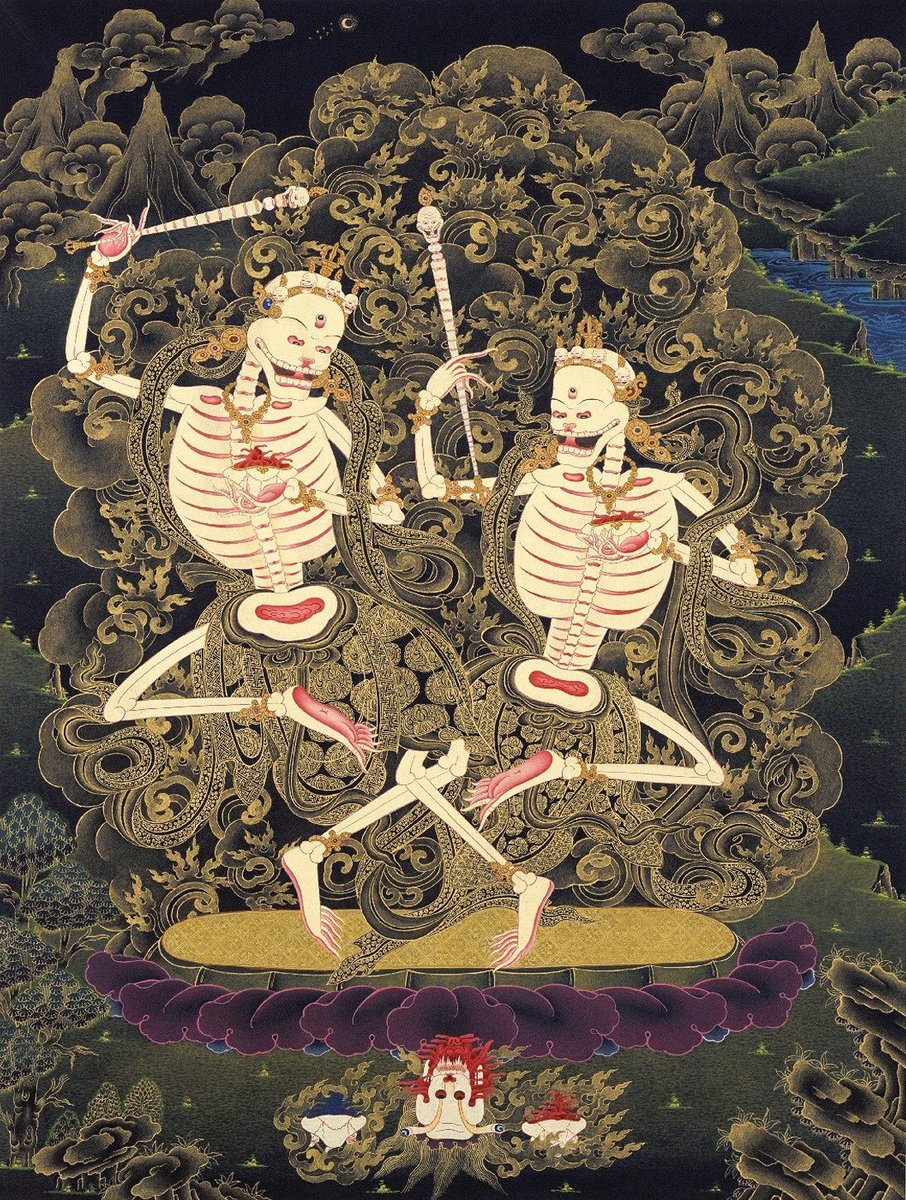 Citipati (Shri Shmashana Adhipati), “Lord and Lady of the Cemetery”. Tibetan world. Medium: mineral pigments and gold on cotton; black‑ground thangka (nagtang).