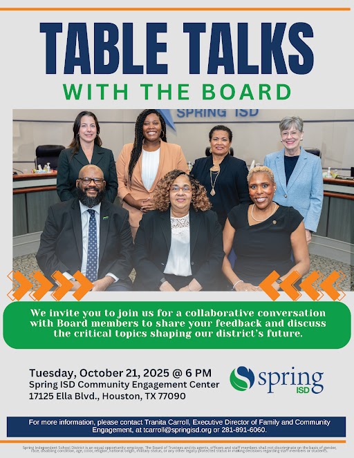 SpringISD's tweet image. 💬 Spring ISD STAFF ONLY: You’re invited to Table Talks with the Board of Trustees on Tuesday, Oct. 21 at 6 p.m. at the Family & Community Engagement Center (17125 Ella Blvd., Houston). Join the discussion, share your input, and help guide the future of our district. @SISD_CoA